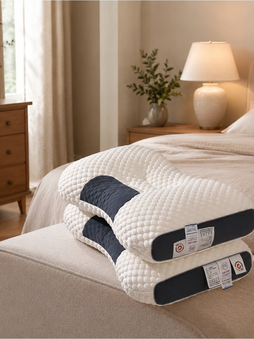 2 packs of pillows Contour Memory Foam Pillow - Cream with Dark Blue Accent